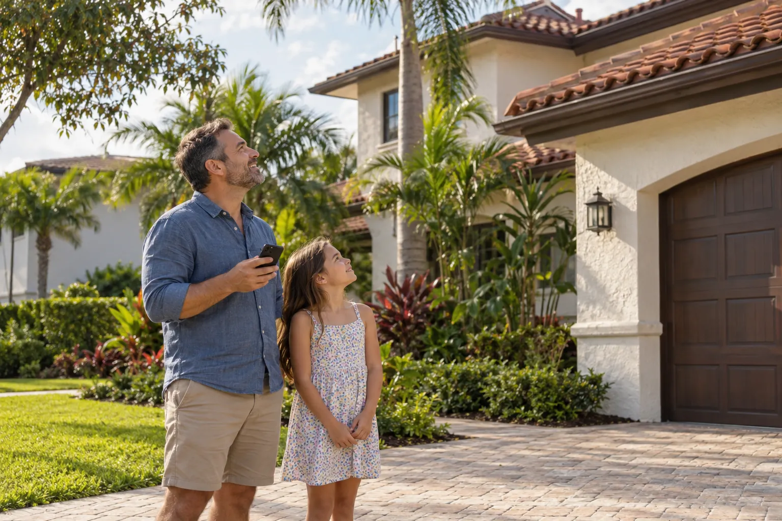 A homeowner checking their roofline from the yard in the Orlando area